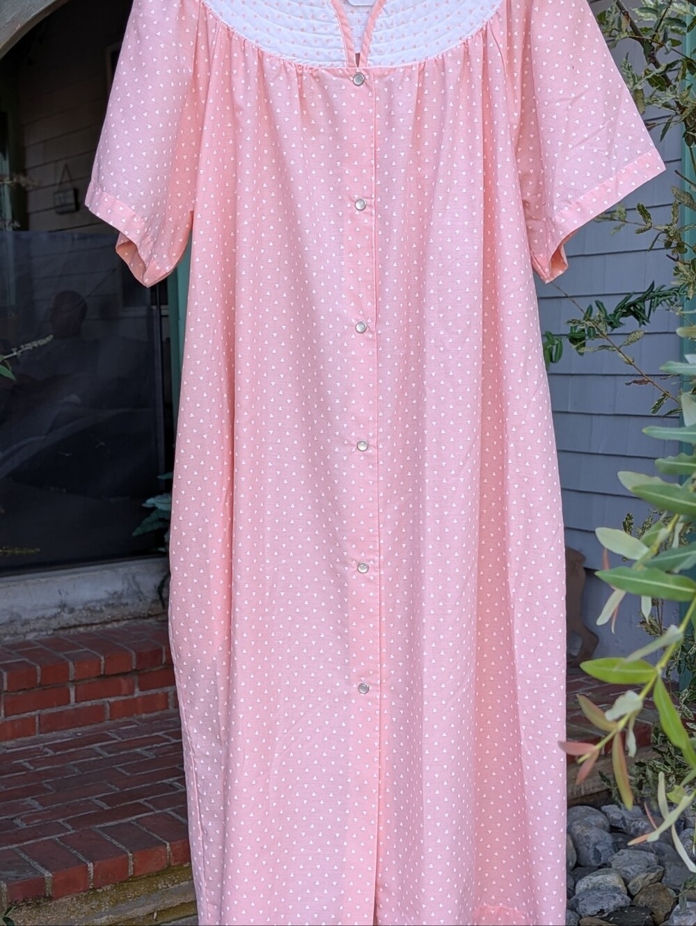 Vintage Zip wrap Snap Peach Heart Print Snap Front Housecoat Nightgown Size L